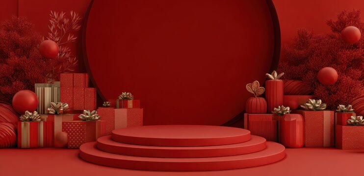 Christmas background. Abstract festive scene with red gift boxes and decorations on dark red background for product presentation, mockup or design banner. New Year concept.