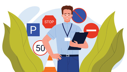 Male driving school instructor holding clipboard, surrounded by various road signs and traffic symbols, representing driver education and safety training vector illustration