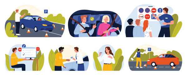 Car driving school set. Basic traffic rules study on lesson with teacher, exam of theory and practice for driver license, road tests and parking control with instructor cartoon vector illustration