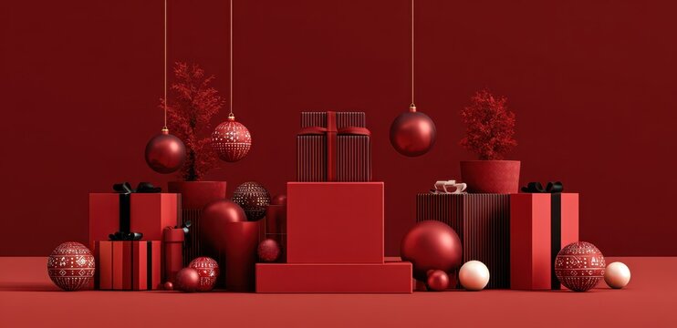 3D rendering of Christmas background with red gift boxes and decorations on dark red background. Abstract festive scene for product presentation, mockup or design banner. New Year concept