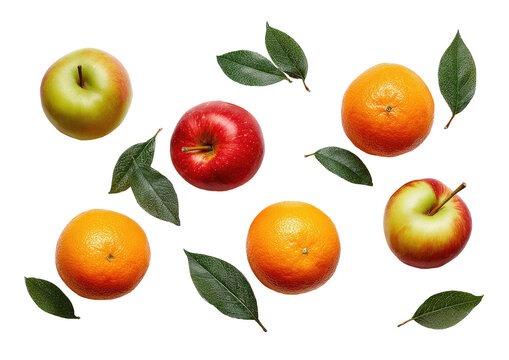 Overhead view of assorted fruits, apples and oranges, with leaves