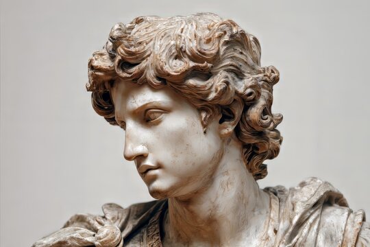 Classical Marble Bust Sculpture of Young Man with Curly Hair in Neutral Light