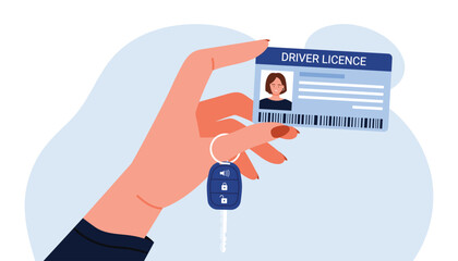 Hand holding a driver license card and car key, representing identification and vehicle access, suitable for driving, security, and transportation topics vector illustration