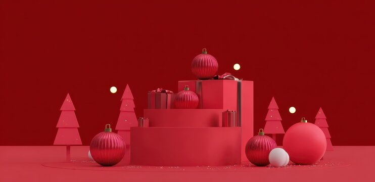 3D rendering of gift box on podium with balloons and decorations for Christmas and Chinese New Year celebration background. Christmas gift box mockup in red tone with copy space