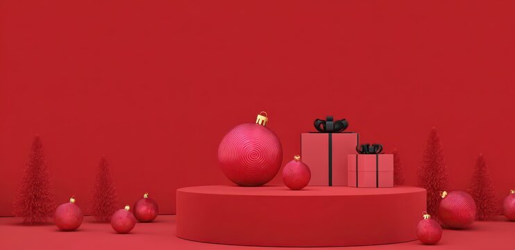 Merry christmas poster Red booth gift balloons Christmas New Year atmosphere 3D rendering minimalist style red gold tone promotional banner advertising design material