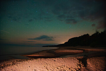Starry night sky over a calm beach with glowing sand and dark forest silhouette.