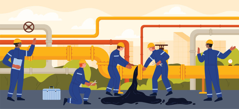 Oil pipeline accident with oil leak, repair process of pipe system by workers and engineers team. Danger and environmental pollution from fuel spills, technicians in uniform and helmet fix breakdown