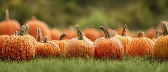 The vibrant array of pumpkins in a lush green field during autumn
