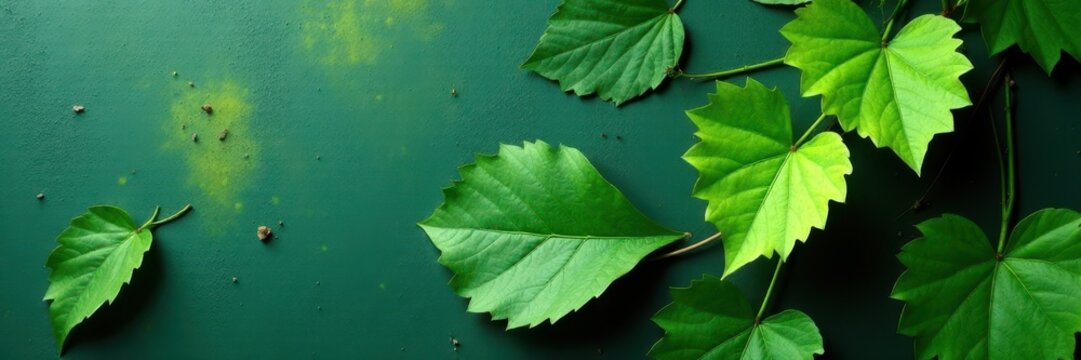 Emerald green vine leaf, vibrant texture, clinging to wall, botanical illustration, photographic art, wall