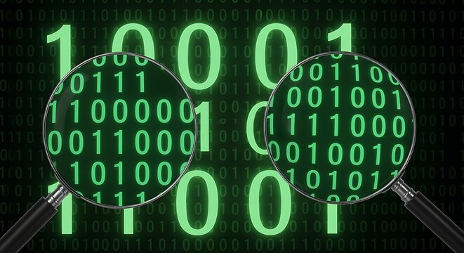 Two magnifying glasses closely examining green binary code on a digital screen, illustrating concepts of data analysis, cybersecurity, and information inspection