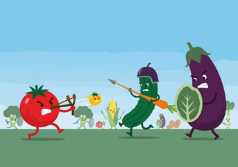 Vegetable war battle scene features a flat minimalist scene with warring tomato, cucumber, and eggplant. This vegetable war battle scene presents humorous conflict with various vegetables.