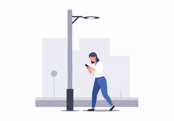 Woman using smartphone near light pole on minimalist street scene. Urban setting features woman distracted by phone while walking, with cityscape background. Concept of smartphone use and urban life.