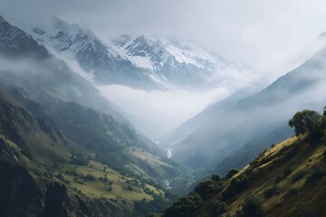 Naklejka premium Majestic mountains covered in snow, shrouded in misty fog, a serene valley below.
