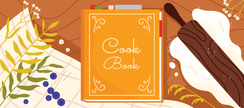 Bright orange recipe book cover with decorative text, surrounded by rolling pin, blueberries, leaves, and kitchen towel, ideal for cooking and baking themes vector illustration