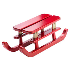 A small, red wooden sled with brass accents, isolated on transparent background