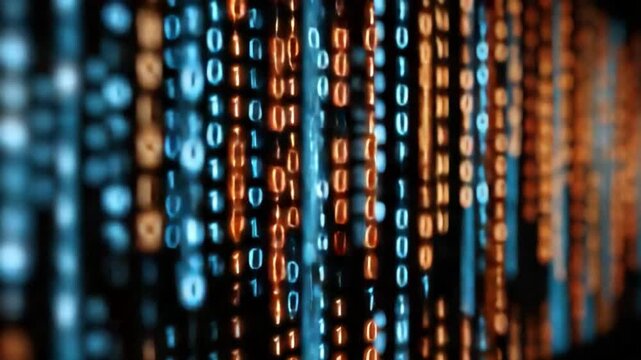 Binary Code Cascade: A mesmerizing digital artwork showcasing streams of binary code cascading down, a visual representation of data streams in a modern technological era. 