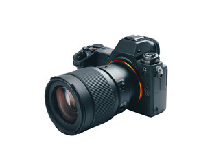 Modern digital camera with lens.  Dark gray body, detailed lens.  Studio shot