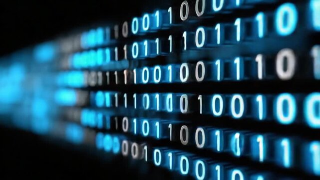 Digital code flow: Illuminated binary code streams across a screen, creating a dynamic and visually captivating representation of data processing and technological innovation. 