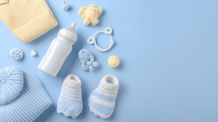 Charming Baby Accessories Arranged on Soft Blue Background with Gentle Pastel Touches
