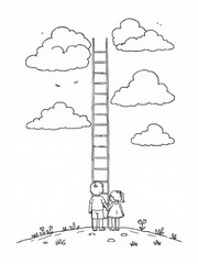 Minimilist illustration of a boy and girl holding hands looking at a ladder reaching into the clouds in the sky vector