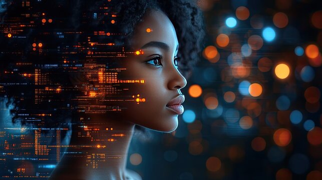 Futuristic portrait of an afro-american woman with digital interface integration