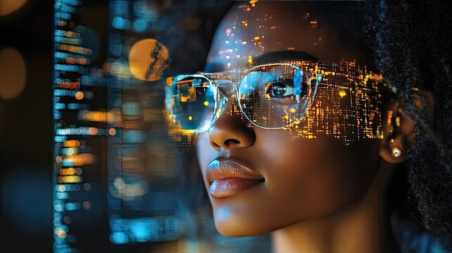 Futuristic technology vision: A woman with glasses displaying digital information
