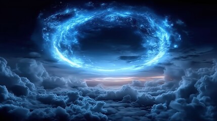 Mesmerizing Blue Light Halo Brightening Dark Clouds in a Mystical Sky
