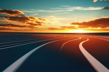 Naklejka premium Sunset casts vibrant colors over winding tracks on a coastal landscape