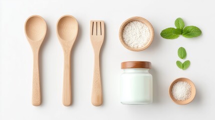 Natural Wooden Utensils Arranged Neatly Next to Fresh Ingredients and Aromatic Herbs on a Clean Surface
