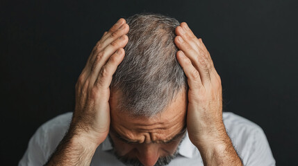 Fototapeta premium A man holds his head in distress, suggesting feelings of stress or anxiety, against a dark background.