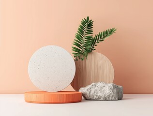 Stylish Round Display Stands with Natural Elements on Soft Peach Background

