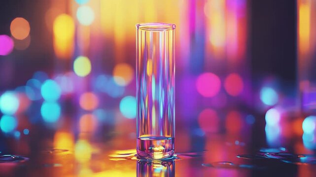 Laboratory glassware stands on wet surface with colorful bokeh background