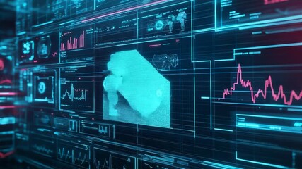 Futuristic interface displaying complex data analysis and processing information - Powered by Adobe