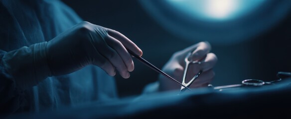 The Surgeon Performing Precise Surgery Under Dramatic Blue Operating Room Lights