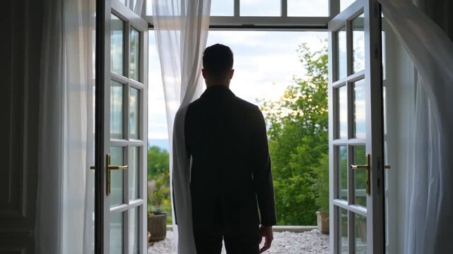  Un homme &eacute;l&eacute;gant qui admire le paysage.