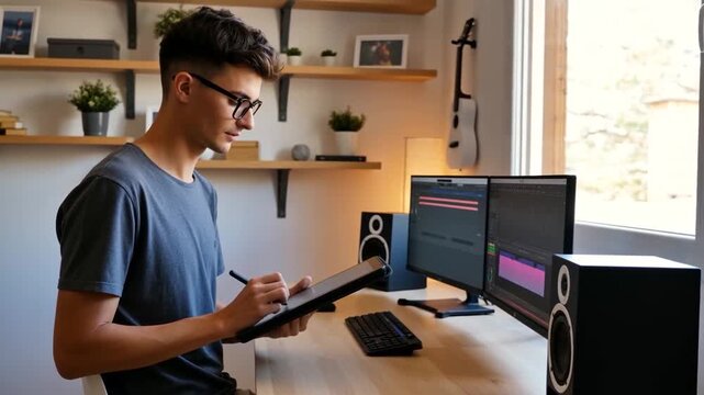 jeune homme cr&eacute;atif travaillant sur une tablette.
