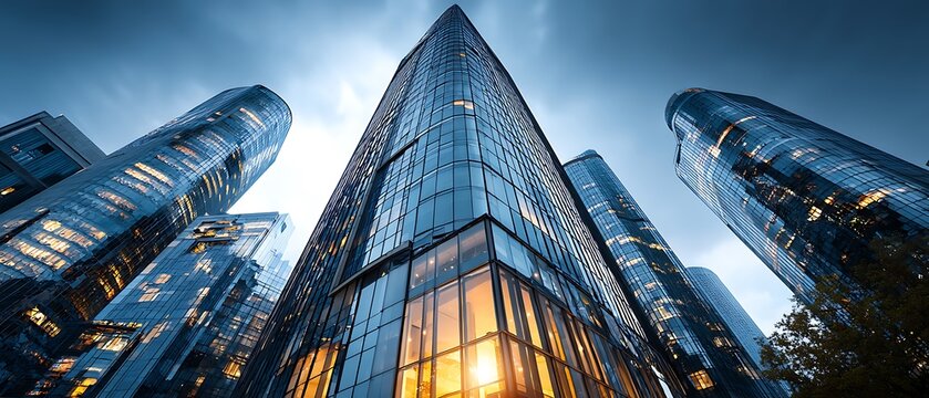 Modern corporate skyscraper with mirrored glass façade reflecting urban skyline, wide clear sky space on the right designed for branding, business advertising and promotional campaigns
