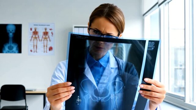 Femme m&eacute;decin examinant une radiographie &agrave; l'h&ocirc;pital.