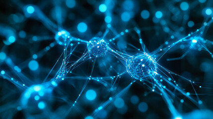 A vibrant, abstract representation of interconnected blue particles, resembling a neural network or molecular structure, set against a dark background.