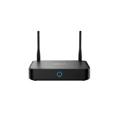 Black wireless router with two antennas on a white background.