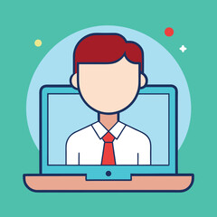 Cartoon man in business attire appears on laptop screen