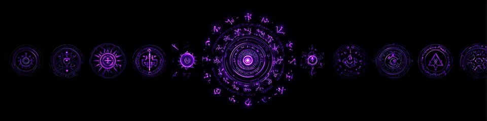 Fototapeta premium Sacred UI design with floating sigils and glowing violet icons on obsidian slab