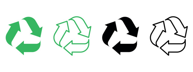 Obraz premium Recycle symbol set in green and black color. Solid and outline version. Simple icon illustration vector design.