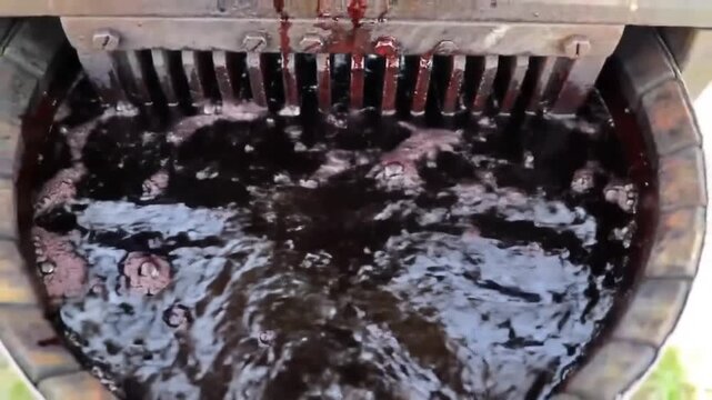 A close-up view of a wine press extracting juice from grapes. Dark red liquid flows from the press into a container, creating ripples in the liquid.