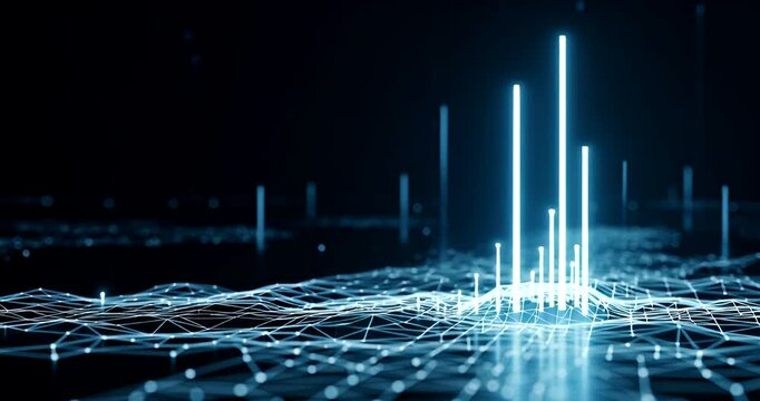 Abstract digital data flow visualization with glowing lines and network connections