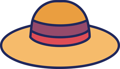 Stylized illustration of a wide brimmed straw hat with colorful bands