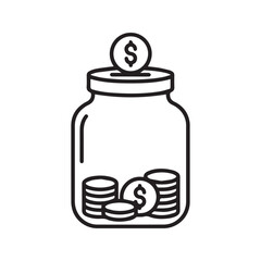 Savings jar icon. Money saving and investment symbol. Piggy bank with dollar coins line vector illustration.
