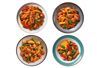 Set chinese general tso's chicken stir fry in plate isolated on transparent or white background
