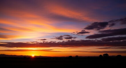 Fototapeta premium Vibrant Sunset Sky with Fiery Clouds and Silhouetted Landscape