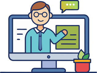 Online teacher presenting information on computer screen with chat bubble and plant